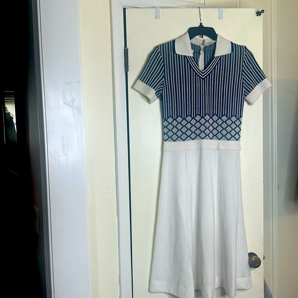 Vintage navy and cream sweater on top and polyester on bottom dress.